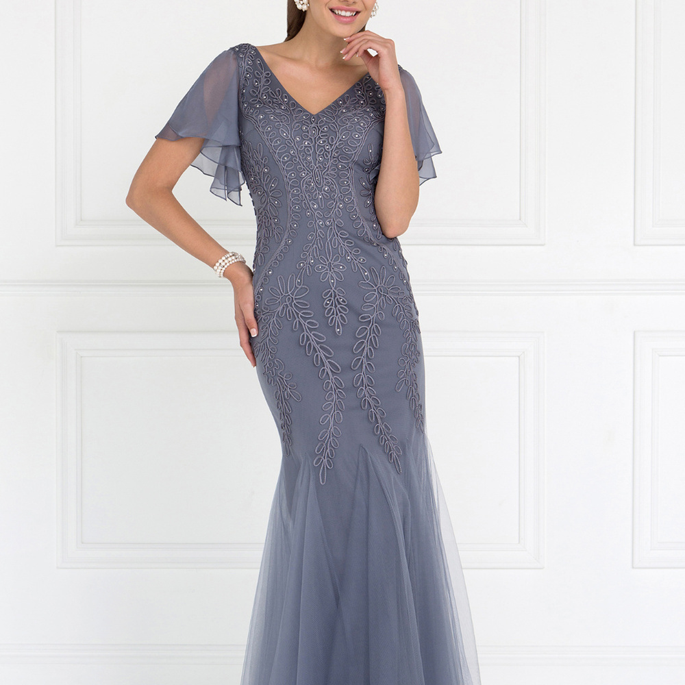 V-Neck Short Sleeves Long Prom Dress GL1576